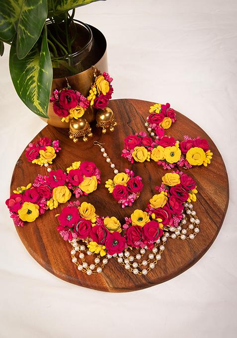 Pink And Yellow Floral Jewellery Set