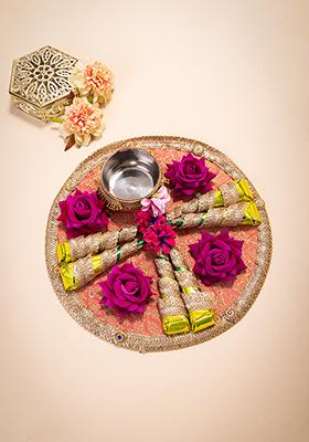 Orange Embellished Mehendi Thali With Cone