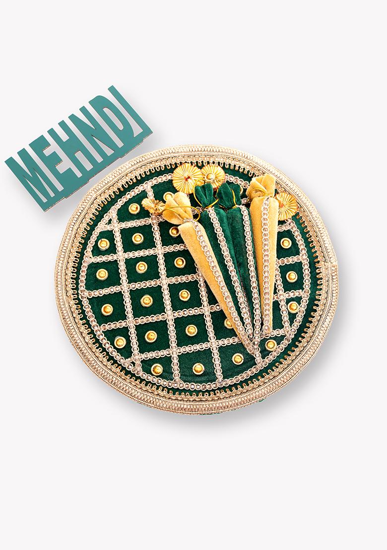 Green Embellished Mehendi Thali With Cone