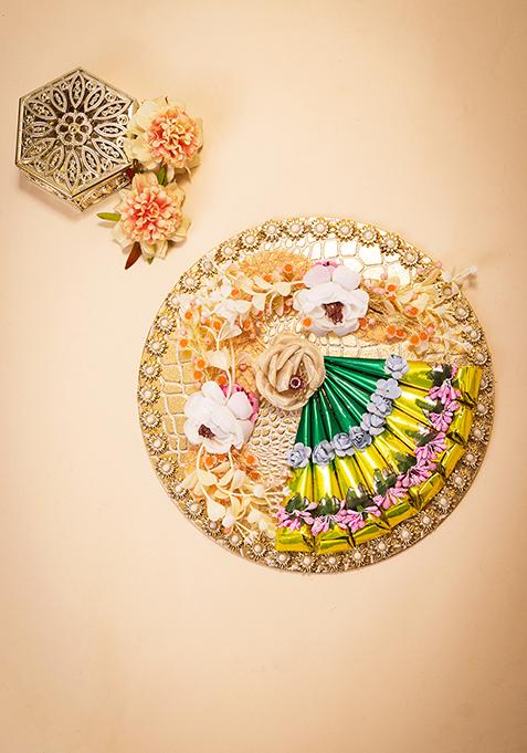 Gold Embellished Floral Mehendi Thali With Cone