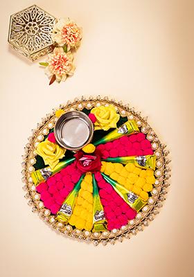 Multicolour Pom Pom Embellished Mehendi Thali With Cone