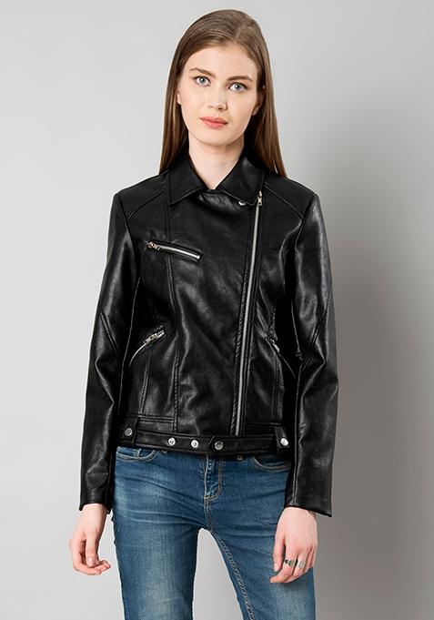 Buy Women Belted Leather Biker Jacket - Black - Trends Online India ...