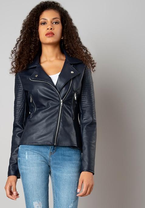 Blue Faux Leather Biker Jacket