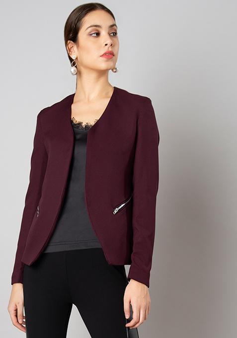 Wine Zipped Tailored Blazer  