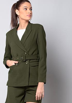 Olive Belted Double Breasted Blazer