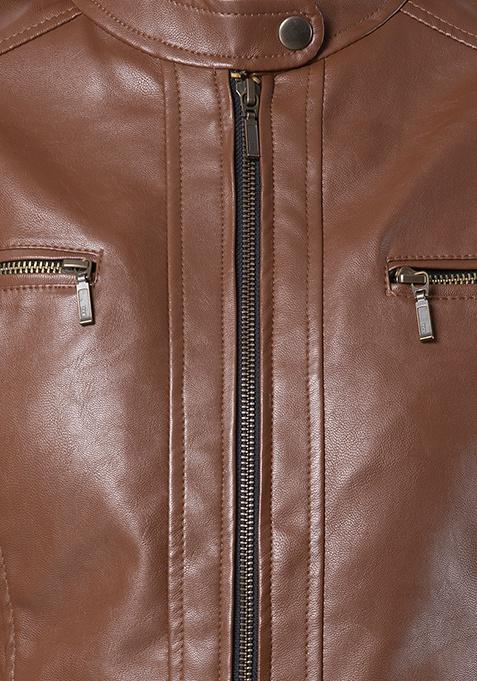 Buy Women Brown Leather Racer Jacket - Trends Online India - FabAlley