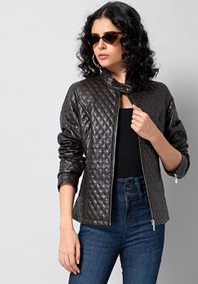 Brown Band Collar Quilted Leather Jacket 