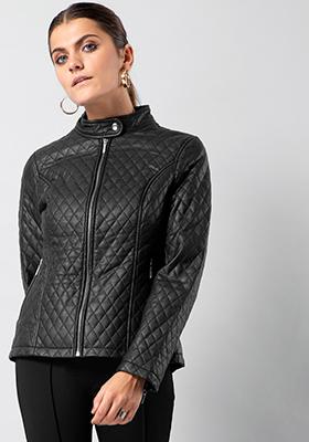 Black Band Collar Quilted Leather Jacket 
