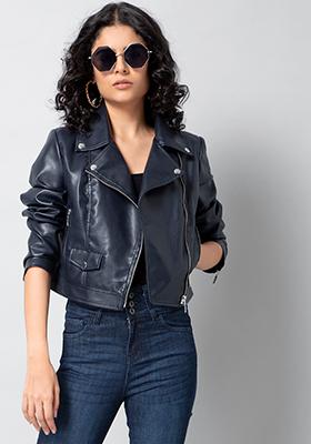 Navy Leather Biker Jacket with Coin Pocket