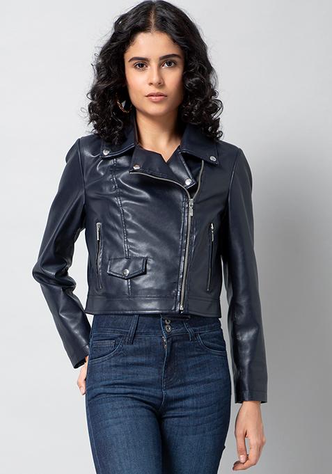 Buy Women Navy Leather Biker Jacket With Coin Pocket - Trends Online ...