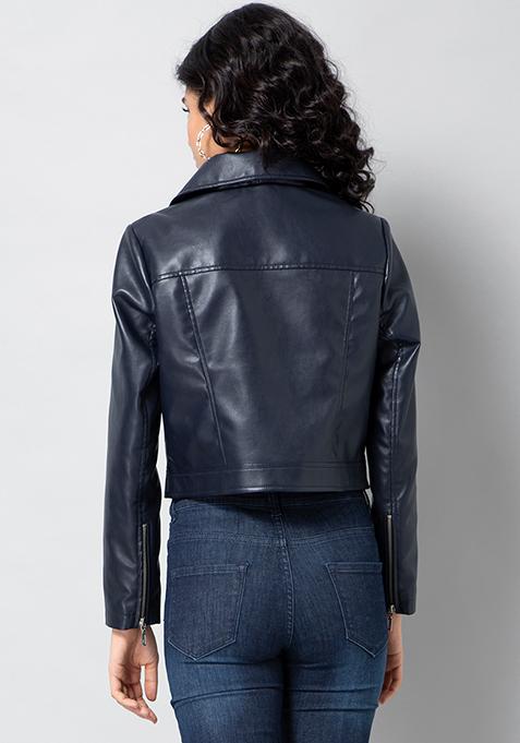 Buy Women Navy Leather Biker Jacket With Coin Pocket - Trends Online ...