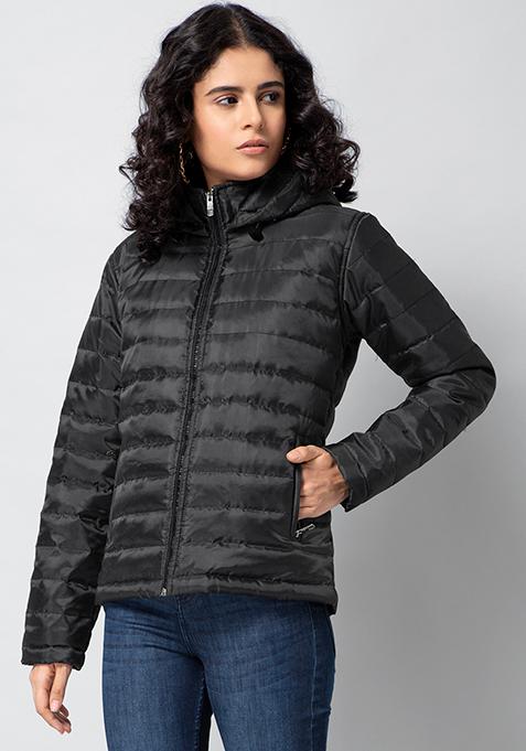 Buy Women Black Zippered Puffer Jacket - Trends Online India - FabAlley