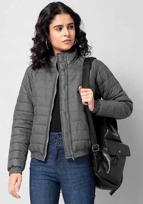 Grey Boxy Cropped Puffer Jacket