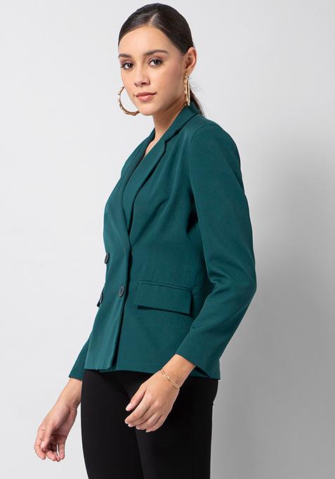 Buy Women Teal Double Breasted Buttoned Blazer - Trends Online India ...