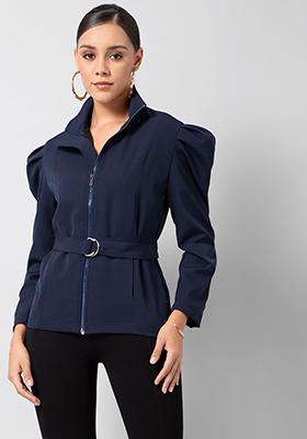 Navy Power Shoulder Belted Zipper Jacket  