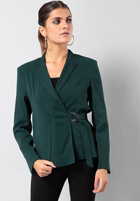 Teal Side Belted Wrap Blazer 