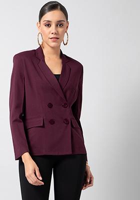 Wine Double Breasted Buttoned Blazer 
