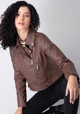 Brown Leather Broad Lapel Collar Cropped Jacket 