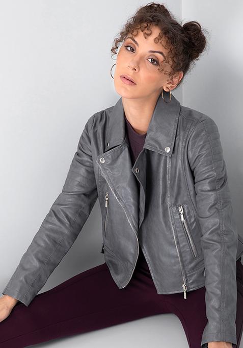 Grey Leather Broad Lapel Collar Cropped Jacket