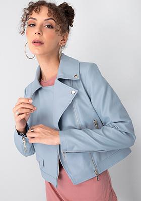 Blue Leather Shirt Collar Overlap Cropped Jacket