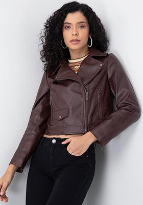Brown Leather Shirt Collar Overlap Cropped Jacket