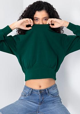 Green Round Neck Front Panel Cropped Sweatshirt 