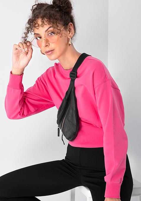 Pink Round Neck Front Panel Cropped Sweatshirt 