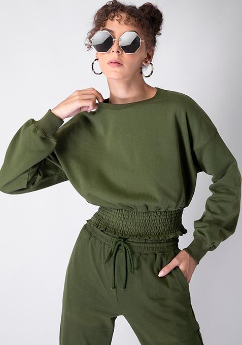 Green Smocked Drop Shoulder Cropped Sweatshirt