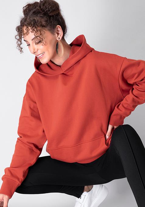 Orange Drop Shoulder Kangaroo Pocket Hoodie