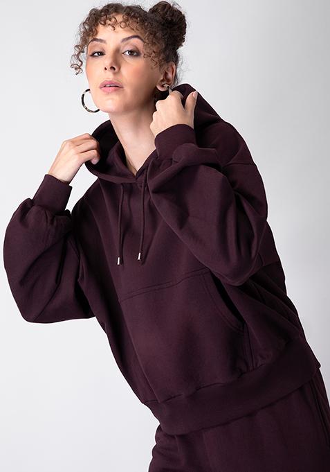 Maroon Drop Shoulder Front Pocket Hoodie