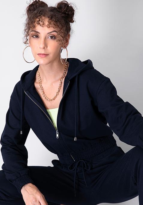 Navy Zipped Smocked Waist Straight Fit Hoodie 