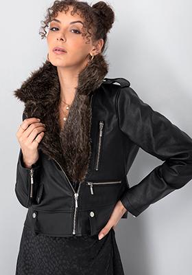 Black Leather Faux Fur Zipper Biker Jacket 