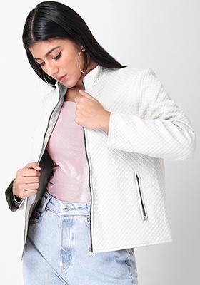 Cream Quilted Zipped Bomber Jacket