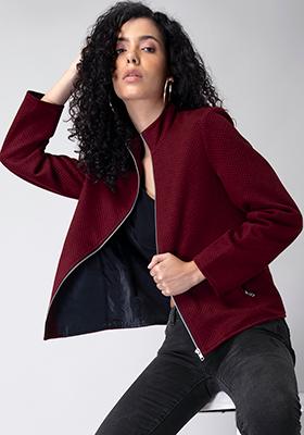 Red High Neck Quilted Bomber Jacket 