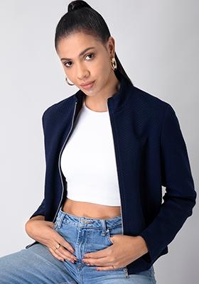 Navy High Neck Quilted Bomber Jacket 