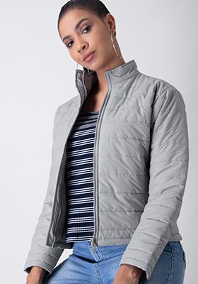 Grey High Neck Front Zippered Quilted Puffer Jacket
