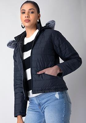 Blue Faux Fur Quilted Hooded Puffer Jacket 