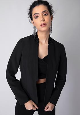 Black Embellished Attached Collar Blazer 