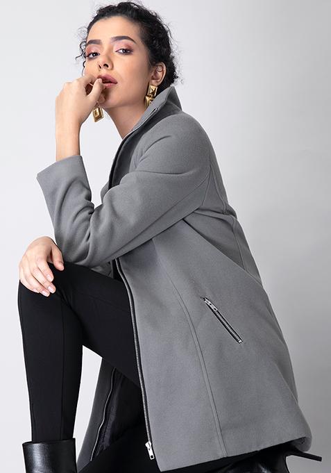 Buy Women Grey High Neck Zipped Coat - Trends Online India - FabAlley