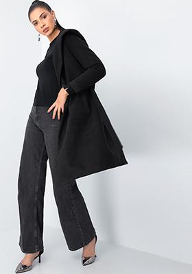 Black Lapel Collar Hooded Long Coat 