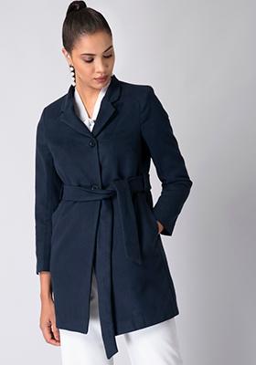 Navy Buttoned High Neck Belted Coat