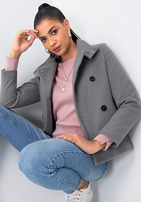 Grey Front Wrap Buttoned Coat 
