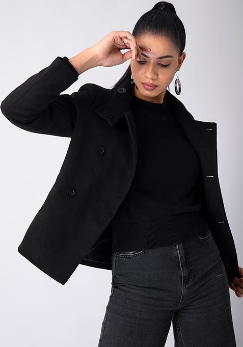 Black Front Wrap Buttoned Coat 