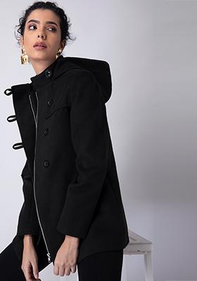 Black Wrap Hooded Buttoned Coat
