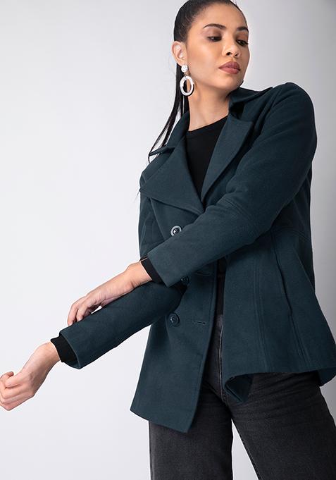 Navy Broad Lapel Collar Buttoned Coat 