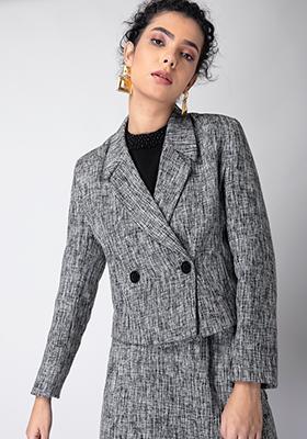 Black Tweed Lapel Collar Buttoned Crop Blazer