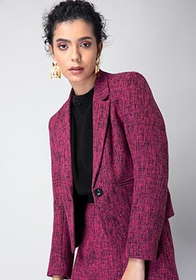 Pink Tweed Lapel Collar Buttoned Crop Blazer 