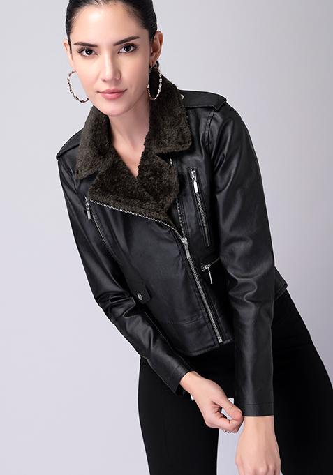 Black Faux Fur Biker Jacket 
