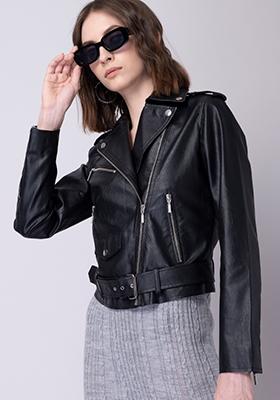 Buy Women Black Leather Belted Jacket - Trends Online India - FabAlley