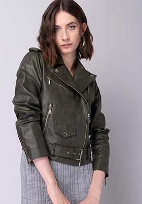 Green Leather Belted Jacket 